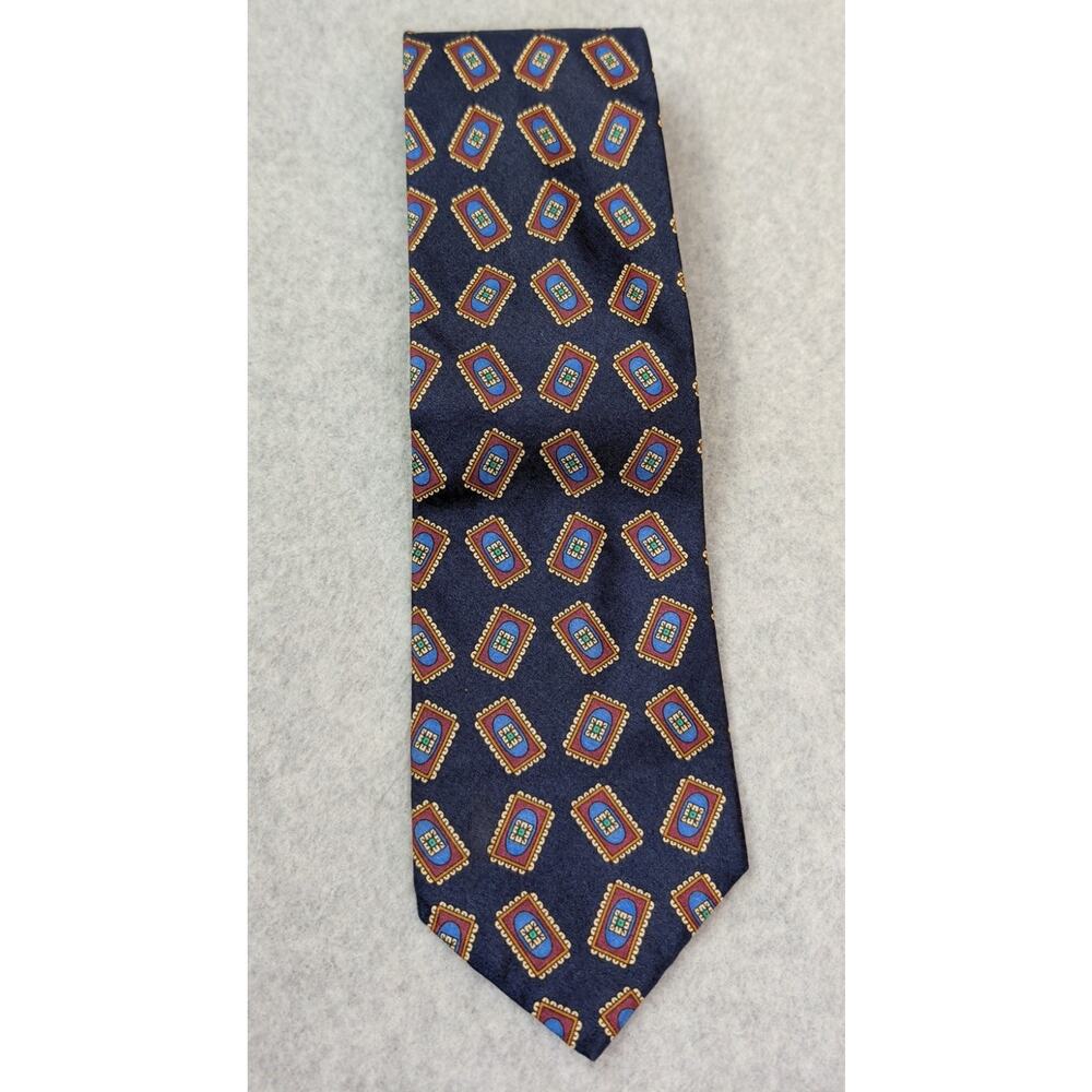 Windsor Mens Vintage Tie 100% Silk Blue with Medallion Pattern Geometric Preppy